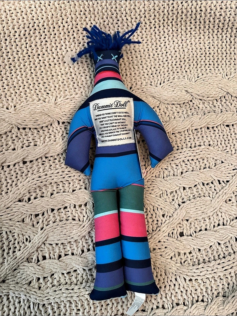 Dammit Doll Striped Blue & Pink Stuffed Doll Like New